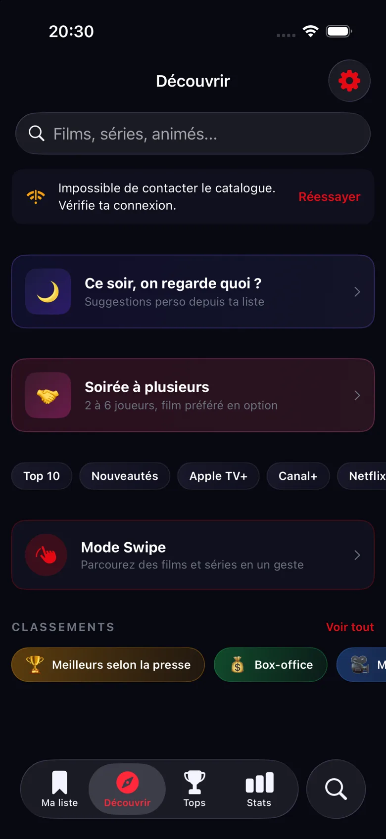 Écran Découvrir de Spool : ce soir on regarde quoi, soirée à plusieurs, mode Swipe